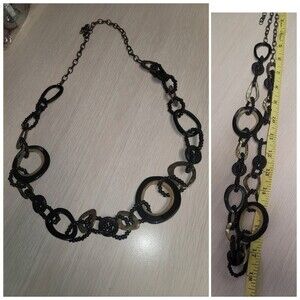 Black and Gold Tone Geometric Shapes Vintage Necklace 36in